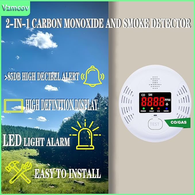 Carbon Monoxide and Smoke Detector Equipped with LCD Display, Battery Powered, Dual Sensor Alarm, 85dB Voice Alarm and Real-time CO Tracking, Suitable for Home/Kitchen/Bedroom/RV 2-Pack