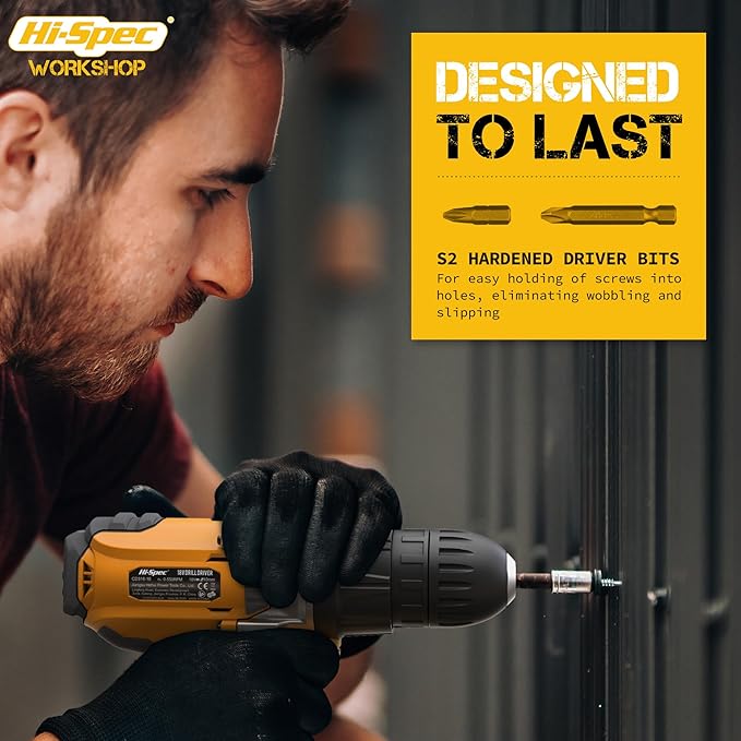 Hi-Spec 58pc 18V Electric Cordless Power Drill Driver. Includes Rechargeable Battery, Power Screwdriver Bits, Wood, Metal, and Masonry Drill Bit Set Accessories. In a Compact Case