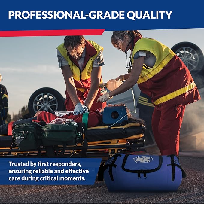 Fully Stocked Trauma First Aid Kit – First Responder II Bag with Tools, Gauze, Bandages, Scissors & Gloves – Compact & Portable – OSHA and ANSI Compliant – Blue