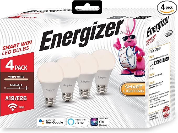 Energizer Connect Smart A19 LED Warm White Light Bulb with Voice Control and Remote Access Through Your Smartphone | Compatible with Alexa and Google Assistant, 4 Pack