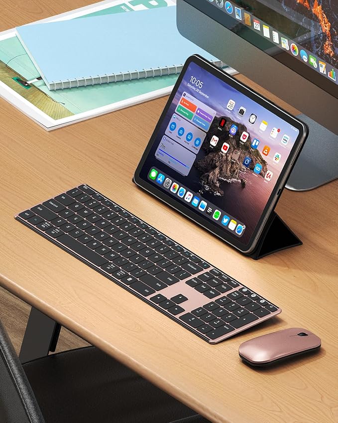 seenda Wireless Bluetooth Keyboard and Mouse Combo (USB + Dual BT), SKM64-3 Multi-Device Rechargeable Slim Keyboard and Mouse, Compatible for Win 7/8/10, MacBook Pro/Air, iPad, Tablet - Rose Gold
