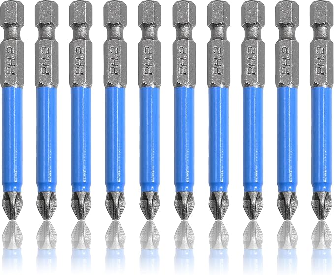 10 Pcs Magnetic Phillips Screwdriver Bit Set 2.56 inch Long, PH2 Phillips Bits Set, Non-Slip Cross Head Electric Screwdriver Bits Set 1/4" Hex Shank (PH2, 65mm)
