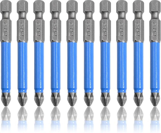 10 Pcs Magnetic Phillips Screwdriver Bit Set 2.56 inch Long, PH2 Phillips Bits Set, Non-Slip Cross Head Electric Screwdriver Bits Set 1/4" Hex Shank (PH2, 65mm)
