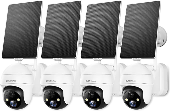 ZUMIMALL Solar Security Cameras Wireless Outdoor - 4 Packs, 360° View Outdoor Camera Wireless Solar Powered,2.4G WiFi Only, Spotlight/Siren//3MP Color Night Vision/AI Detection/IP66, Work with Alexa