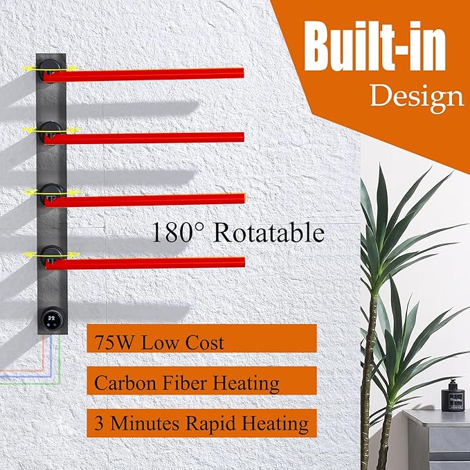Electric Towel Warmer Concealed Smart, 75W Swivel Heated Towel Rack for Bathroom, Built-in Modular Electric Towel Rack with Timer, Thermostat, LED Display, APP, 4 Bar 180° Rotation, Hardwired, Black