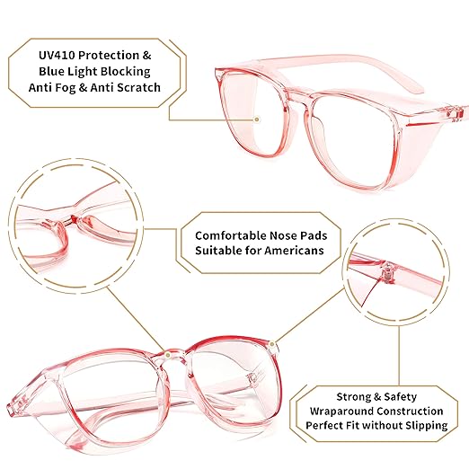 Alsenor Safety Glasses Anti Fog Goggles Protective Eyewear Blue Light Blocking Anti Dust UV Protection Glasses For Men Women (Pink)