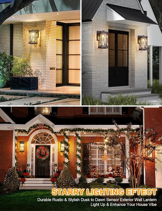 Oil Rubbed Bronze Outdoor Sconce Dusk to Dawn Exterior Light Fixtures Wall Mount Porch Light Modern Outdoor Wall Light Aluminum with Crack-Like Glass IP65 Waterproof Outside Coach Light for House