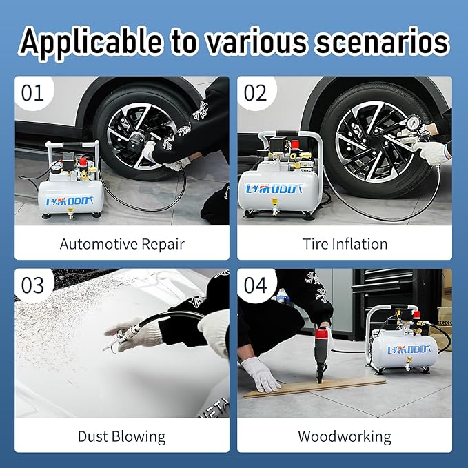 Ultra Quiet Air Compressor, Only 60dB, 1 Gallon Steel Tank, Oil-Free, Electric Air Compressor Perfect for Woodwork Nailing, Garage, Car, Pneumatic Tool, Includes 25 Ft. Air Hose Kit