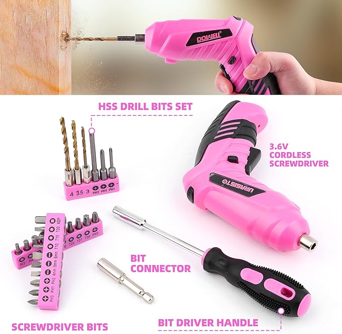 123-Piece Pink Household Tool Set with 3.6V USB Cordless Electric Drill, Lightweight, Portable