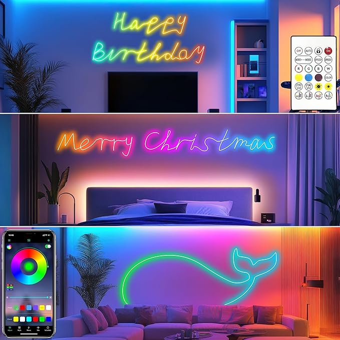 Cozylady RGB Neon LED Rope Lights, Waterproof Bluetooth APP Remote Control Music Sync Strip Lights, 24V Flexible DIY Silicone Light for Bedroom Home Indoor Outdoor Decor (15M/50Ft)