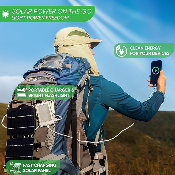 PRAANA Portable Solar Power Bank & Flashlight with 7W Panel – 3in1 Survival Kit | 5000mAh USB-C Charger & 800-Lumen Light | Must-Have Power Backup for Home, Power Outages & Camping | iPhone & Android