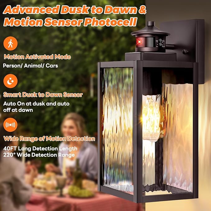 13.6" Motion Sensor Outdoor Wall Sconce Lantern, Exterior Waterproof Wall Lights Fixtures with Water-Rippled Glass, Brown Outside Mount Lighting for House, Porch, Garage, Patio, Bulbs Not Included