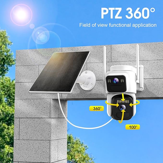Dual Lens Dual Screen 2K Solar Security Camera Wireless Outdoor 360° View Battery Powered Camera with Spotlight Color Night Vision, PIR Sensor WiFi Home Security System (4G LTE)