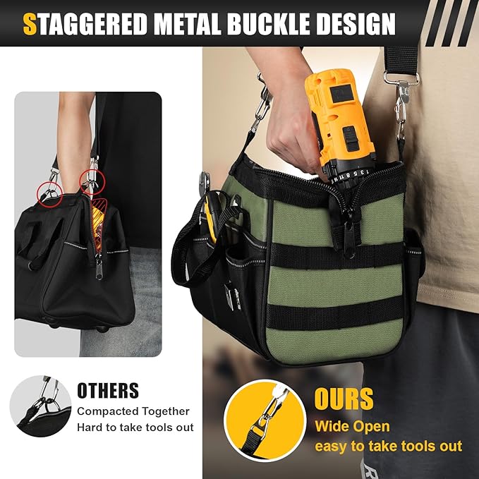 12-Inch Mini Small Tool Bag, 15-Pocket Portable Tool Box Organizer Storage, Heavy Duty Tactical Carrying Tote, Home Toolbag with Large Zipper, Father Day Dad Men Engineer Electrician Gift, Green