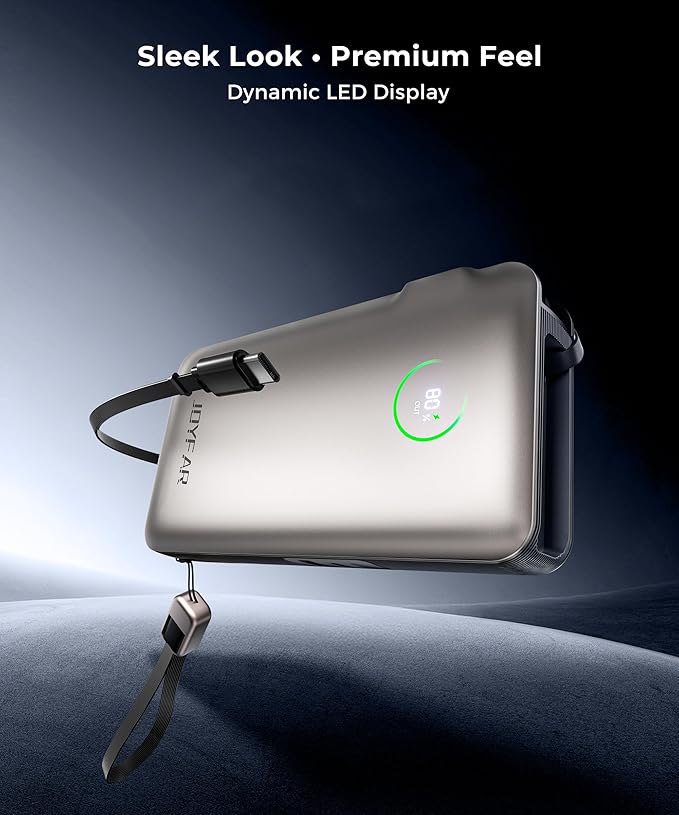 Portable Charger Power Bank - Battery Pack 35W AC Plug GaN 10000mAh Built in Cable USB C Phone Fast Charging Powerbank Compatible with iPhone 16 15 14 13 12 11 X iPad MacBook Samsung (Gold)