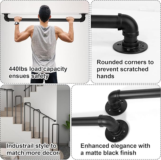 SCIEO 11.4FT Industrial Stair Handrail, Wall-Mounted Staircase Handrail for Indoor Outdoor Steps, Metal Pipe Stair Railing Galvanized Steell Hand Rail Non-Slip Grab Bar for Steps Stairs Porch Deck