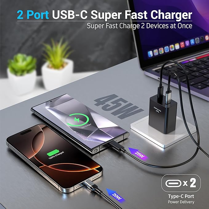 USB C Charging Block Dual Port 45W PD Super Fast Charger Type C Wall Plug Adapter Quick Charge for Galaxy S25/S24/S23/S22/S21/S20/Z Fold 3/4/5/Note20/ iPhone 17,17 Air