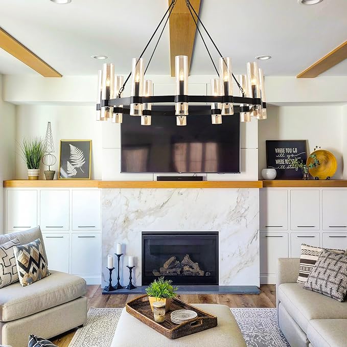 43 Inch Black Wagon Wheel Chandelier, 12 Lights, with Brown GlassShade, Large Hanging High Ceilings Chandeliers for Dining Room KitchenFoyer En