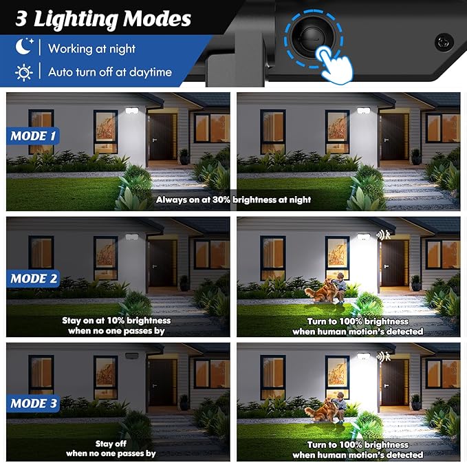 Solar Outdoor Lights with Remotes, Motion Sensor Dusk to Dawn Wall Lights Waterproof, LED Outside Solar Powered Security Flood Light Fixtures 3 Modes with 16FT Cable for Porch Shed Barn Garage