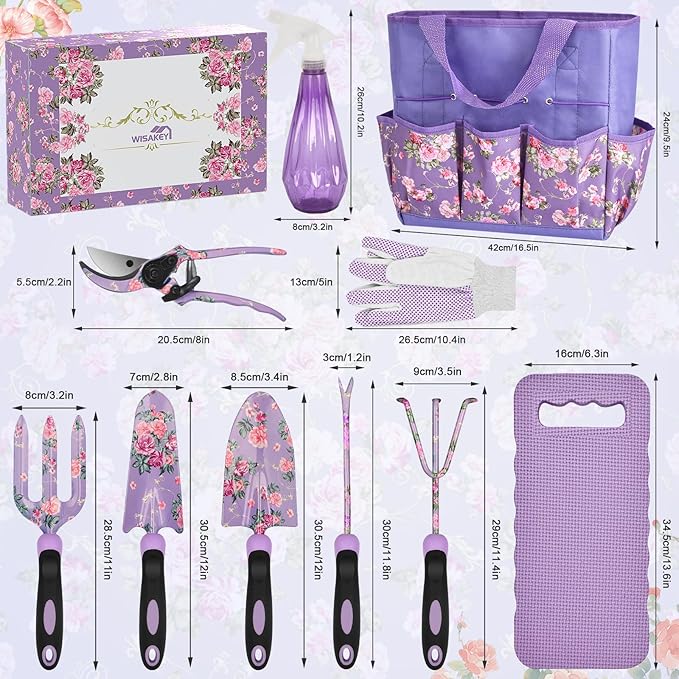 Gardening Tools, WisaKey 10 Piece Heavy Duty Purple Garden Tool Set with Handle, Durable Fashion Garden Supplies Organizer Handbag, Garden Hand Tools Gardening Gifts for Women Grandmother Granny