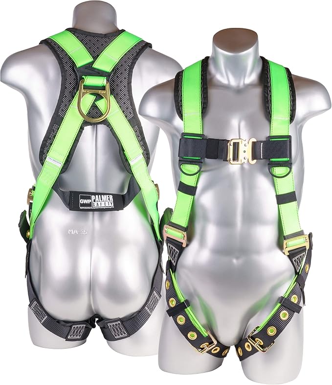 Palmer Safety Full Body Harness with 5 Point Adjustment, Dorsal D-ring, Grommet Legs, Two Side D Rings, and Fall Indicators