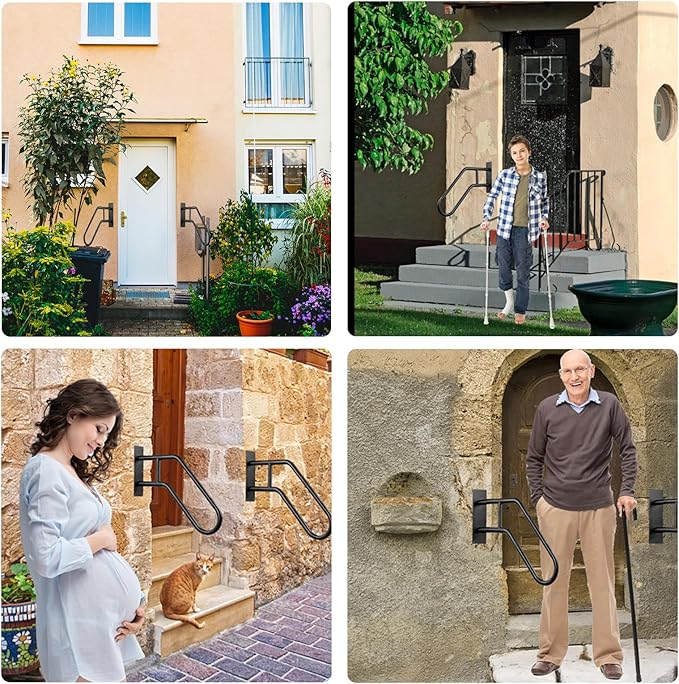 2 Pack Outdoor Handrail for 1-3 Step Stairs, 28.7” Wall Mount Stair Hand Railing Grab Bars Metal Stair Railing Handrails for Outdoor Steps, Garage, Porch, Garden, Indoor (Simple Bent Shape)