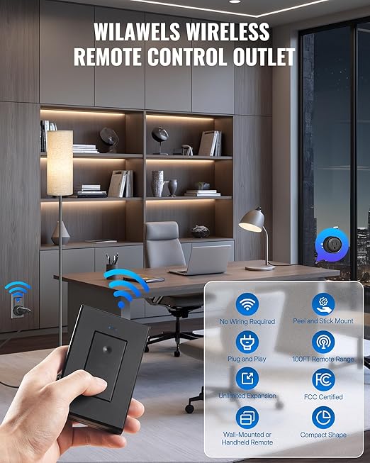 Black Remote Control Outlet Plug, WILAWELS Wireless Light Switch, On Off Remote Switch Outlet for Lights, Lamps, Home Appliance, 100ft RF Range, FCC Listed (1 Controller + 2 Outlets) H05RC1206