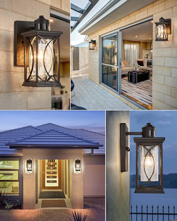 Motion Sensor Outdoor Wall Light with Dimmable Bulb, Modern Dusk to Dawn Exterior Light Fixture Wall Mount Porch Light Black with Crack-Like Glass Coach Lantern for House Garage