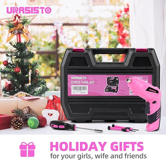 123-Piece Pink Household Tool Set with 3.6V USB Cordless Electric Drill, Lightweight, Portable