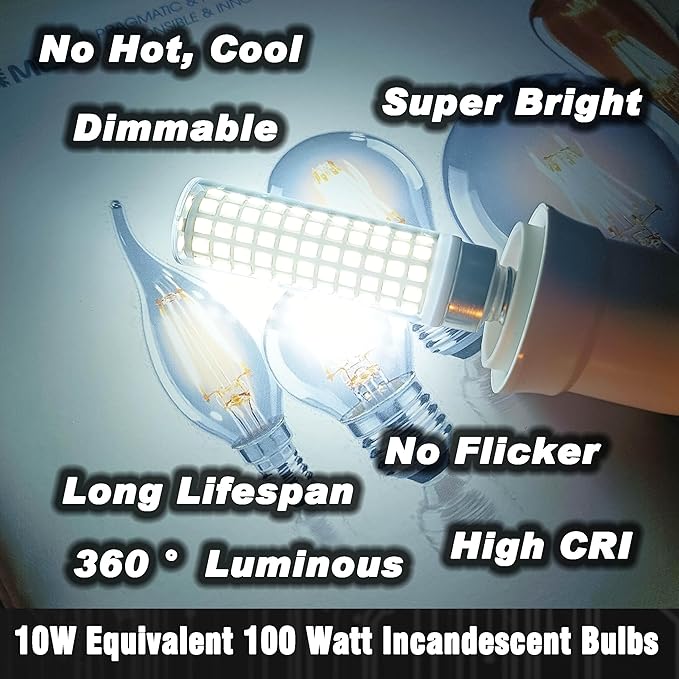 Dimmable E12 C7 LED Candelabra Light Bulb 10W Equivalent 100W 6000K Daylight White 1000 Lumen E12 T6 LED Candle Bulbs for Home Decorative Ceiling Fan Chandelier Pendant Lighting Salt Lamp,3Pack