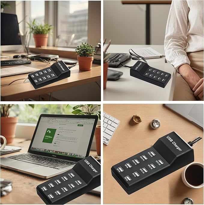 USB Charging Station, 10-Port Charging Station for Phones/Tablets/Watches (Black, 10 USB-A)