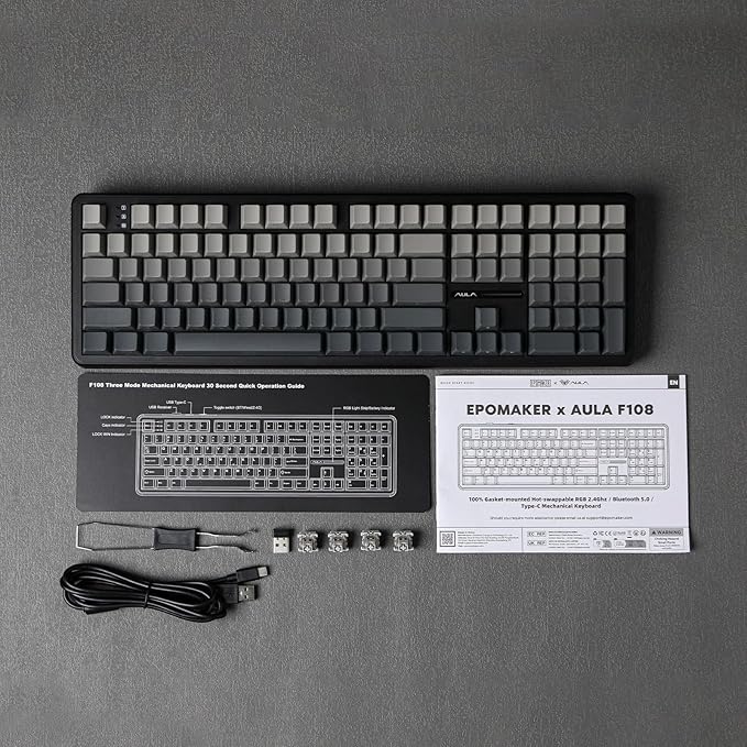 EPOMAKER Aula F108 Wireless Gaming Keyboard, Full Size Mechanical Keyboard with 4000mAh Battery, 108 Hot-Swappable and Programmable Keys, RGB Backlight, for Mac/PC/Android (Black Gradient)