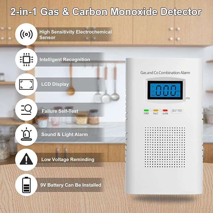 Combination Gas & Carbon Monoxide Detectors - 3 Packs Plug in Carbon Monoxide Alarm & Natural Gas Detector for Home, 2-in-1 Co Detector & Combustible Gas Detector with Digital Display, Easy to Install