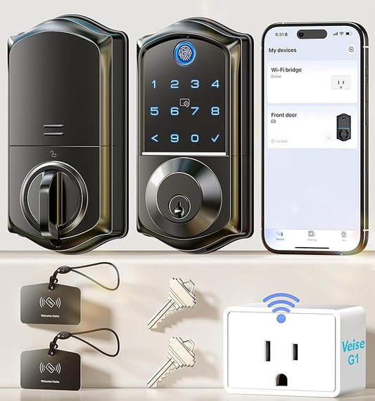 Veise VE017G Wi-Fi Keyless Entry Door Lock with Fingerprint, App Remote Control, Smart Locks for Front Door, Electronic Keypad Deadbolt, Auto Locking, Waterproof, Easy to Install, Matte Black