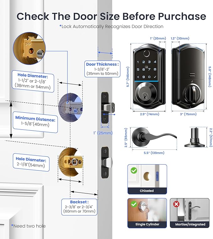 Veise VE017-L Fingerprint Smart Lock with 2 Lever Handles, Keyless Entry Front Door Lock Set, App Control, Electronic Digital Keypad Deadbolt, Easy Installation, Emergency Power Port, Matte Black