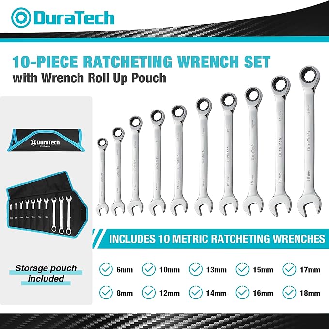 DURATECH Ratcheting Wrench Set, Combination Wrench Set, Metric, 10-piece, 6-18mm, CR-V Steel, with Pouch