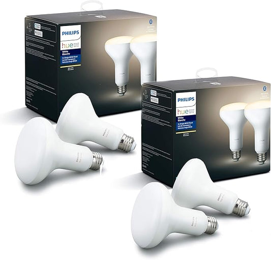 Philips Hue White 4-Pack 2700K Smart BR30 Bulbs with Bluetooth & Zigbee compatible (Hue Hub Optional, Dimmable Only), for recessed cans and downlights, Compatible with Alexa & Google Assistant