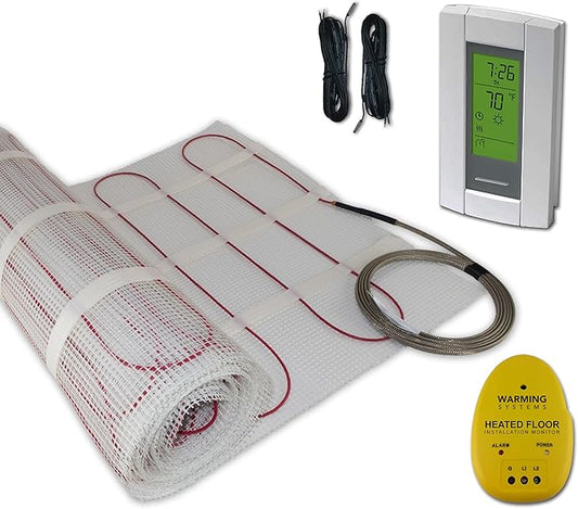 10 Sqft 120V Electric Radiant Floor Heating Mat – Includes Heating Mat, Programmable Thermostat, 2 Floor Sensors, Installation Monitor and Under Tile Heater