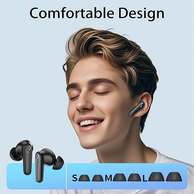 Wireless Ear Buds Bluetooth 5.3 60H Using Time Headphones Deep Bass Clear Call Earbuds with Built-in Mic Touch Control Lightweight Headsets for Studying Working Gaming Black