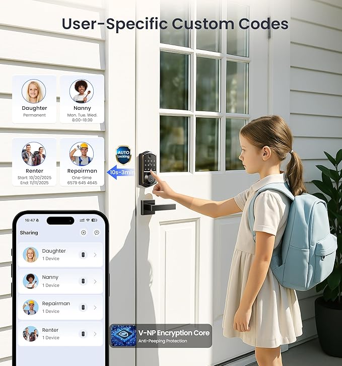 Veise VE017 Fingerprint Smart Door Lock, App Control, 7-in-1 Keyless Entry, Auto Lock, Emergency Power Port, Electronic Touchscreen Keypad, Biometric Smart Locks for Front Door, Matte Black