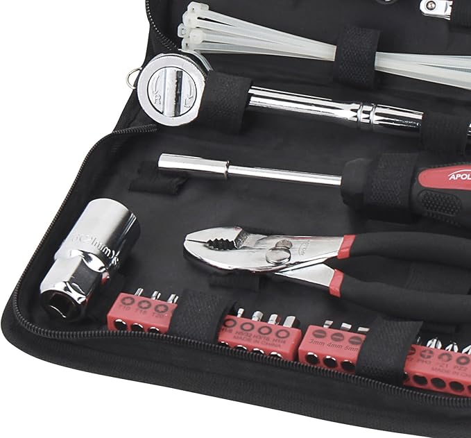 Apollo Tools 56 Piece Compact Metric Auto Tool Set in Zippered Case, Small Mechanic Tool Set for Car Emergency, Motorcycle Repair on the Road, Great for Travel Tool Needs - Red - DT9775