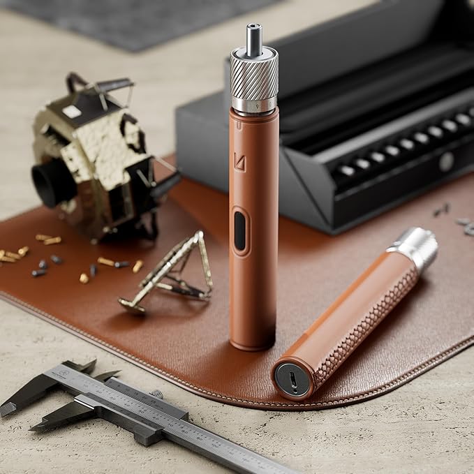 Lunar Artefacts Precision Electric Cordless Rechargeable Brown Leather and CNC Aluminum Screwdriver with 24 Magnetics Bits and Easy Storage Toolbox