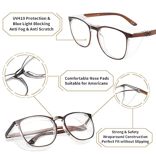 Alsenor Safety Glasses Anti Fog Goggles Protective Eyewear Blue Light Blocking Anti Dust UV Protection Glasses For Men Women (Brown)