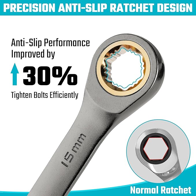 DURATECH Anti-Slip Ratcheting Wrench Set, Combination Wrench Set, 10-Piece, Metric 6-18mm, 72-Tooth, Nickel Plating, CR-V Steel, with Pouch