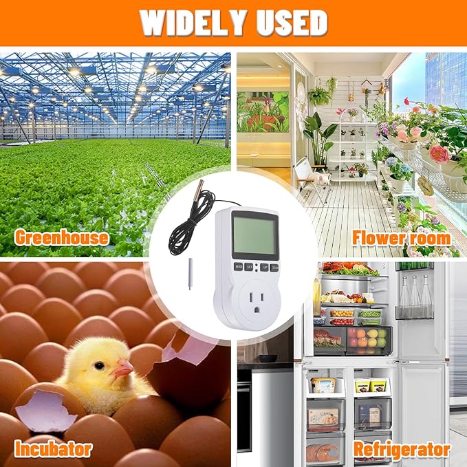 110V Digital Temperature Controller, LCD Screen Heating Cooling Thermostat Outlet Socket with Sensor Timer Regulator for Reptile Incubator Greenhouse Brewing Refrigerator