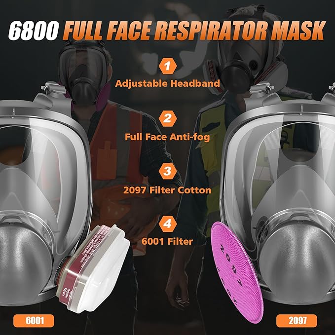 Full Face Respirator Mask, Anti-fog, 6800 Reusable Face Cover with 6001 & 2097 Filters for Woodworking Painting Chemicals Protection Organic Vapors Dust, Medium, Comfortable Fit
