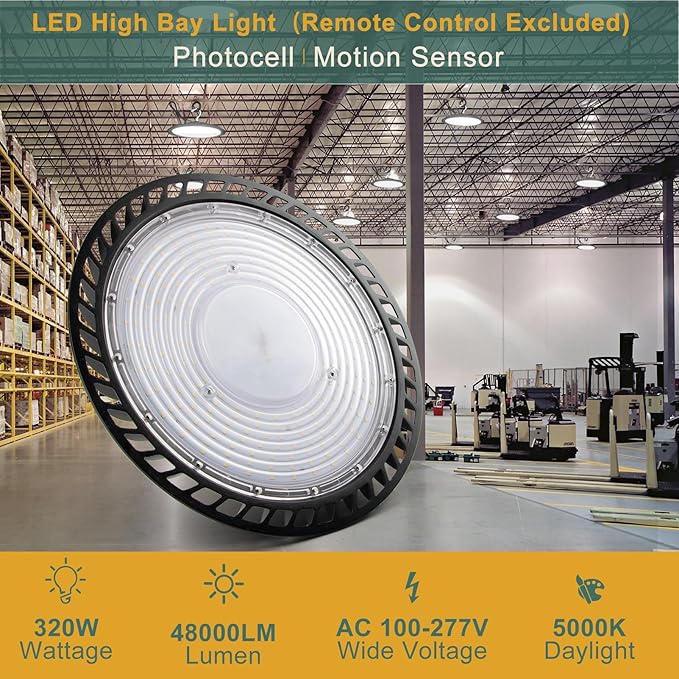 Smart 320W LED High Bay Light with Motion Sensor, 48000lm (Eqv.1200W MH/HPS) High Bay LED Shop Light 100-277V Commerical Grade UFO Lights(Remote Buy Separate)