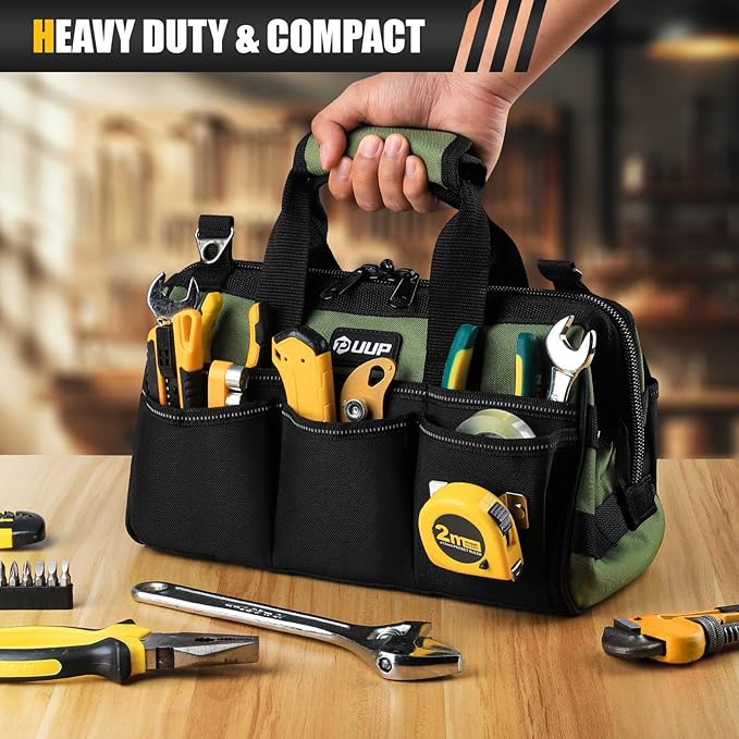 12-Inch Mini Small Tool Bag, 15-Pocket Portable Tool Box Organizer Storage, Heavy Duty Tactical Carrying Tote, Home Toolbag with Large Zipper, Father Day Dad Men Engineer Electrician Gift, Green