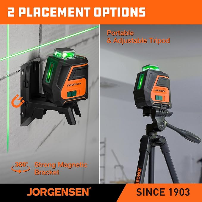 JORGENSEN 360° Laser Level with Tripod, 100 FT Rechargeable Self Leveling Cross Line Laser Leveler Tool with Magnetic Base, Wide Angle Green Laser Level for Picture Hanging, Floor Tile, Construction