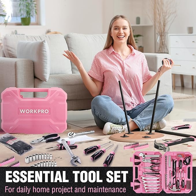 WORKPRO Pink Tool Set, 284 PCS Tool Kit for Women, Basic Household Pink Tool Box with Sockets, Pliers, Ratchet Handle, Portable Toolkit for Home Repair, New Apartment, House-Warming, DIY - Pink Ribbon